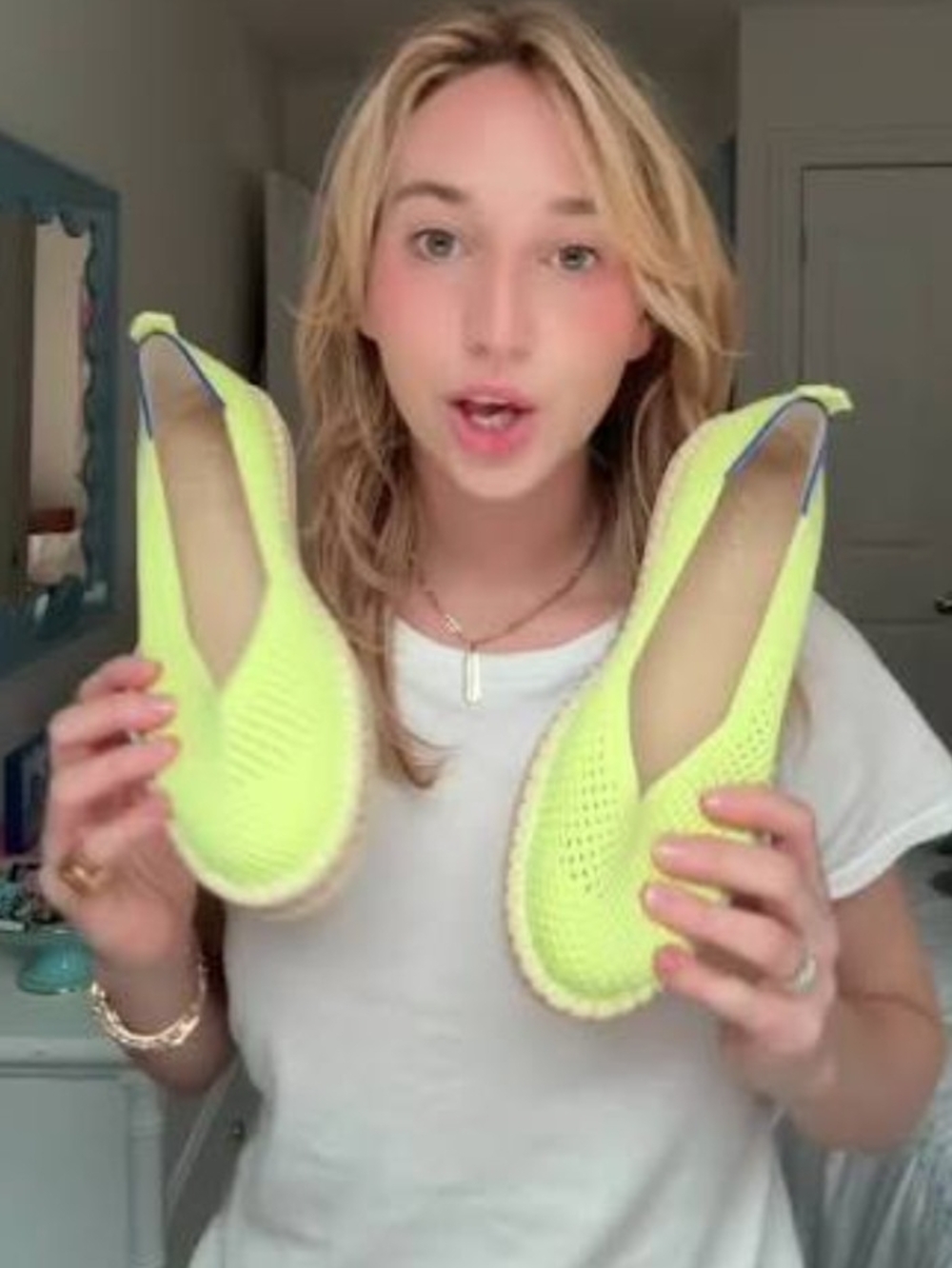 Rothy's Limeade Knit Boardwalk Espadrille Ballet Flats Blue Trim Size 9.5